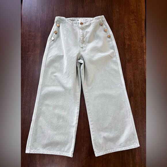 Zara Sailor Wide Leg Cropped Jeans Light Mint Green High Rise Gold Buttons Sz 10 - Picture 3 of 8